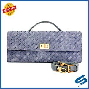 Suede Woven Shoulder Bag with Gold Lock, Detachable Strap, Clutch Purse